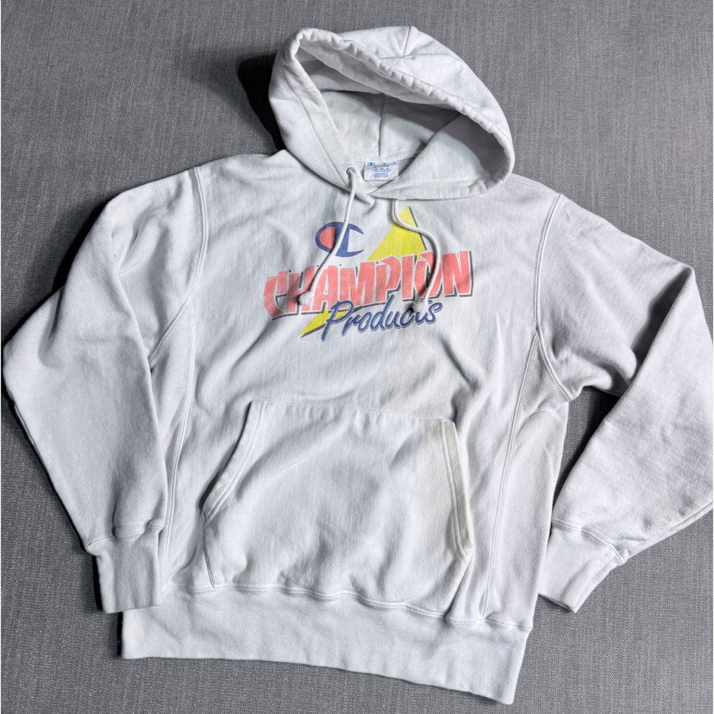 Champion Reverse Weave Hoodie White Graphic Sweatshirt Medium W2 12